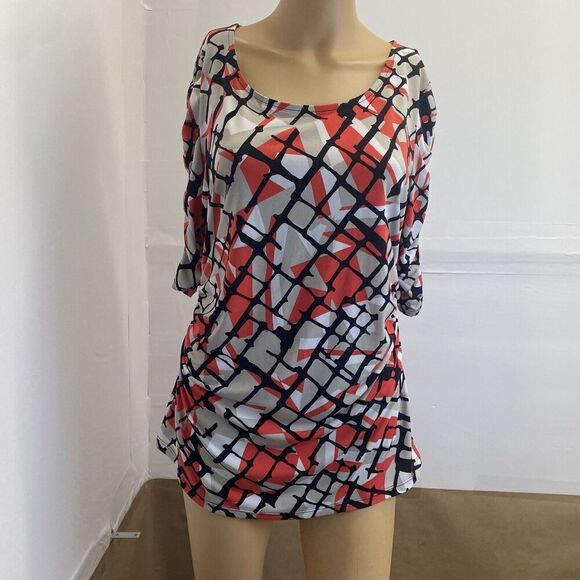 Alfani Blouse Womens M Black Red Geometric Print Short Ruched Sleeve Stretch - Picture 9 of 12